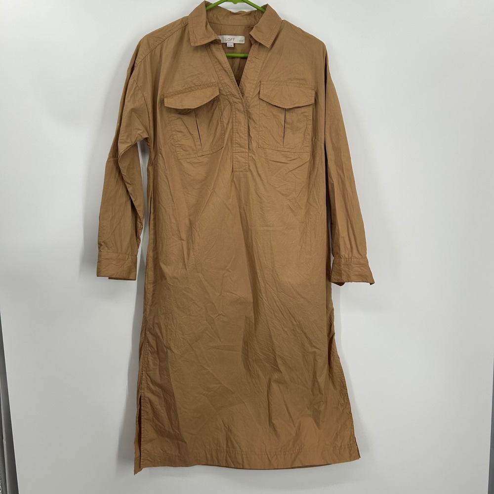 LOFT Petites Tan Utility Shirt Dress 4P V-Neck Long Sleeve Side Slits Pockets